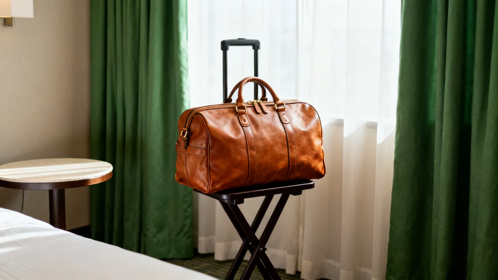 Warm afternoon light in a hotel room with a small desk and a travel bag