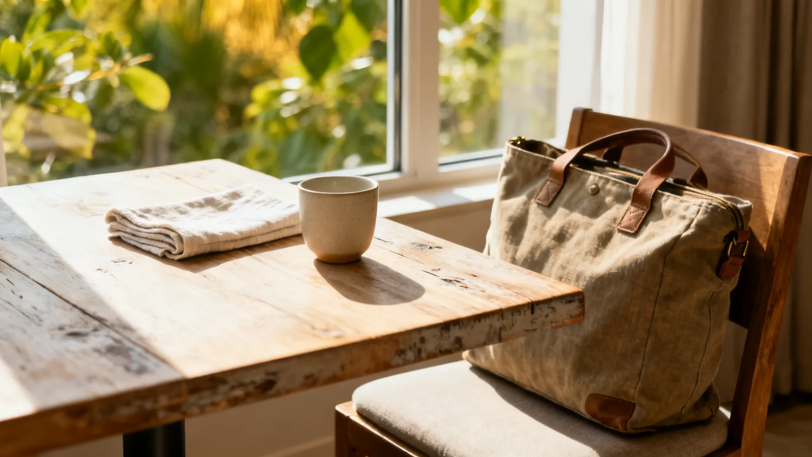 A sunlit hotel breakfast nook with a ceramic cup and a canvas travel bag beside the chair