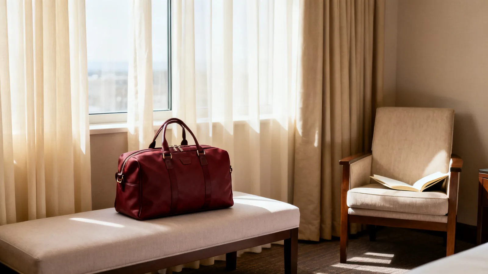 A small weekend bag beside a hotel-room armchair and a bright window