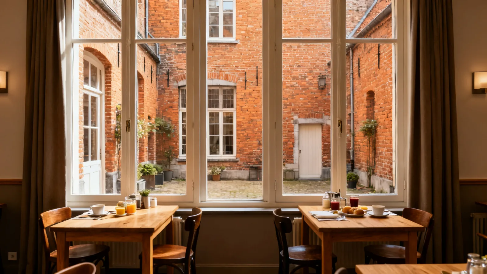A small hotel breakfast room with tall windows facing a brick courtyard