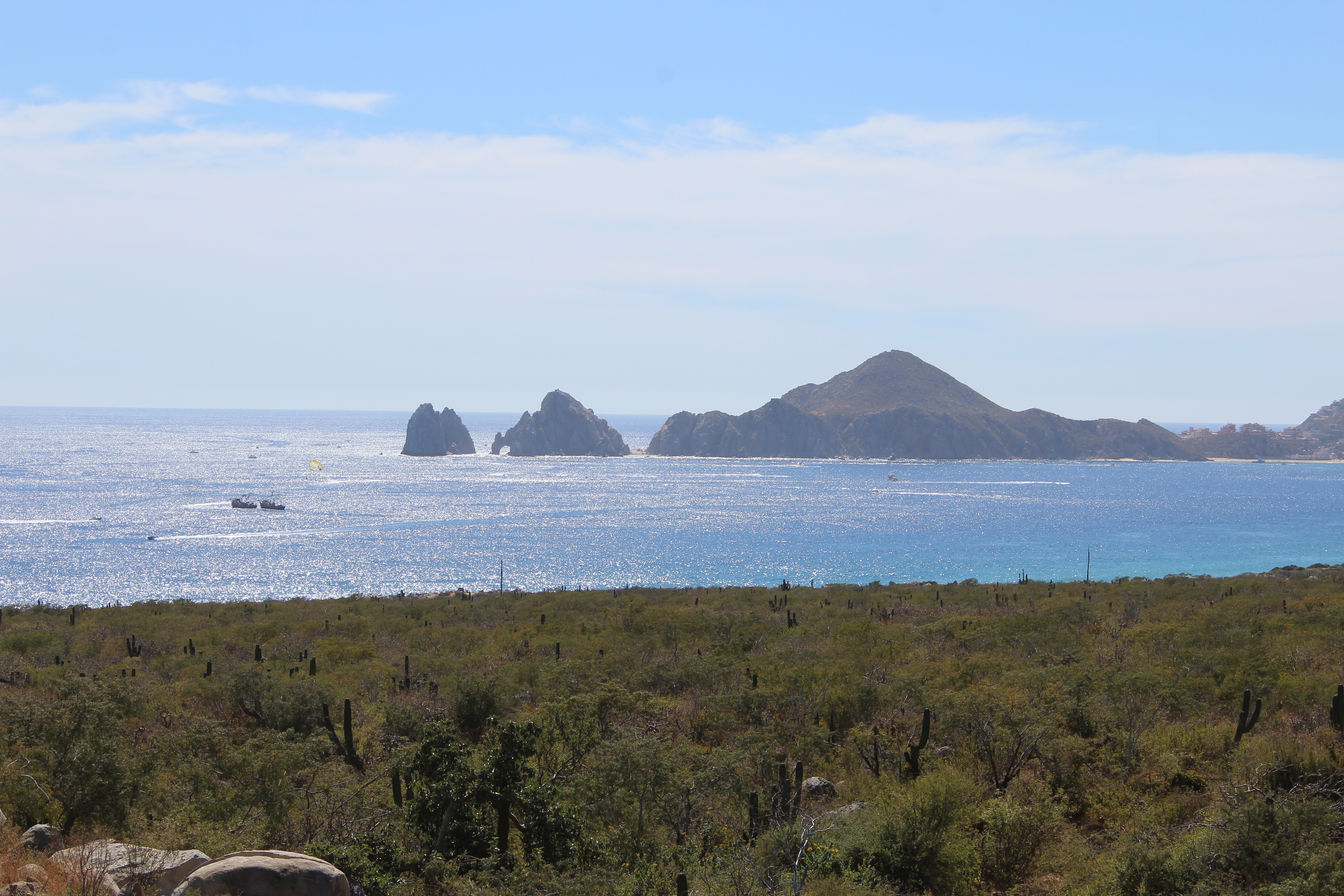 El Arco and rocky Land’s End across Cabo San Lucas Bay, with boats on blue water and desert scrub in the foreground