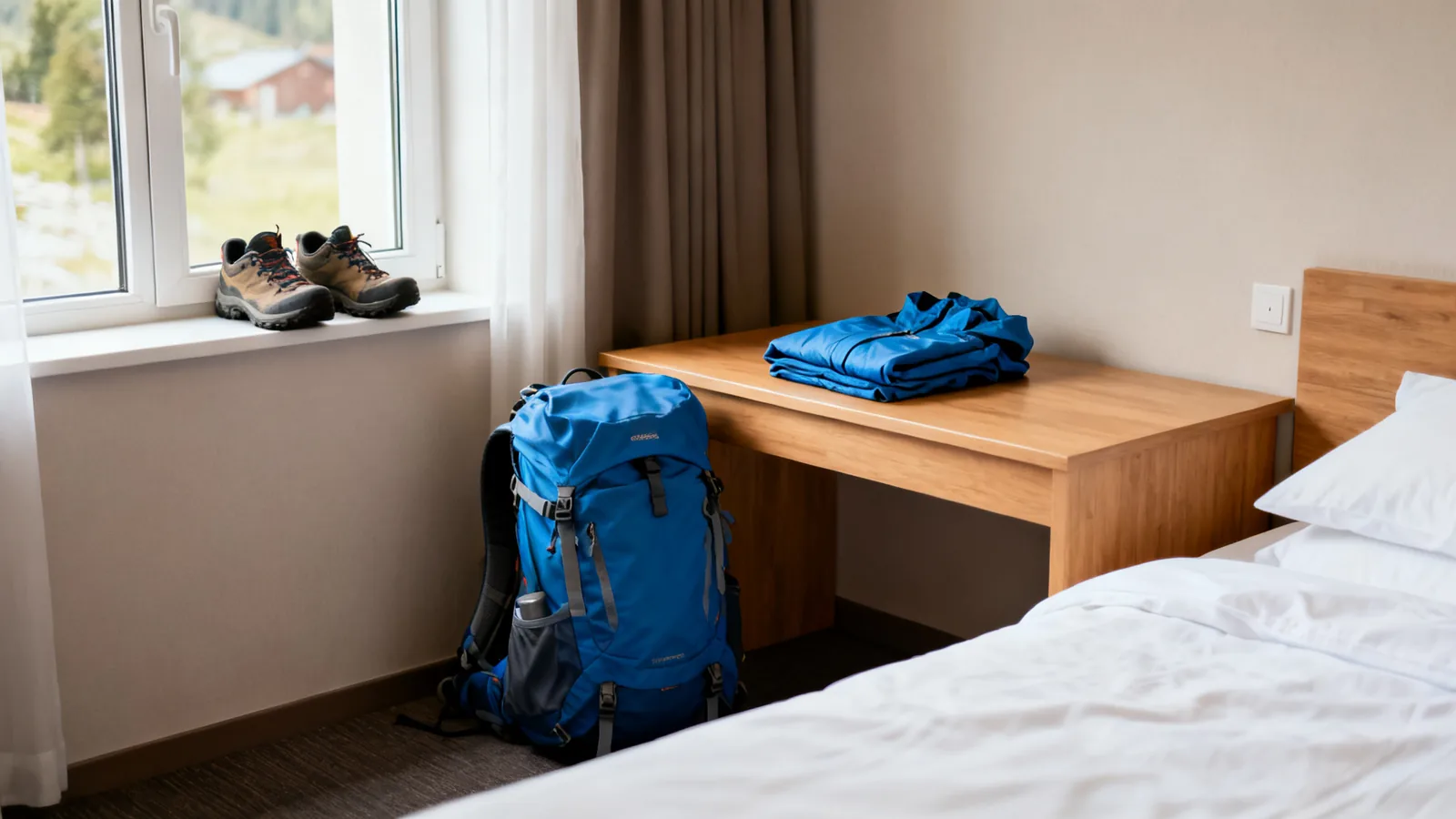 A hotel room with a reading chair and a travel bag beside a large window