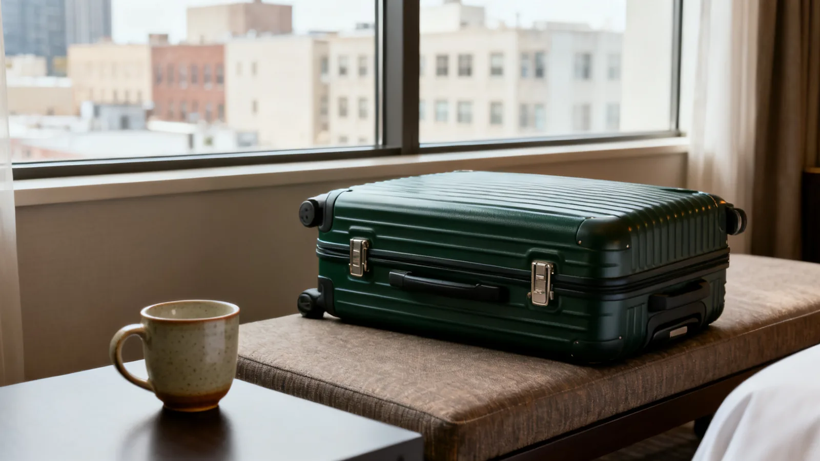 A bright hotel room with a small tea table and a weekend bag beside an armchair