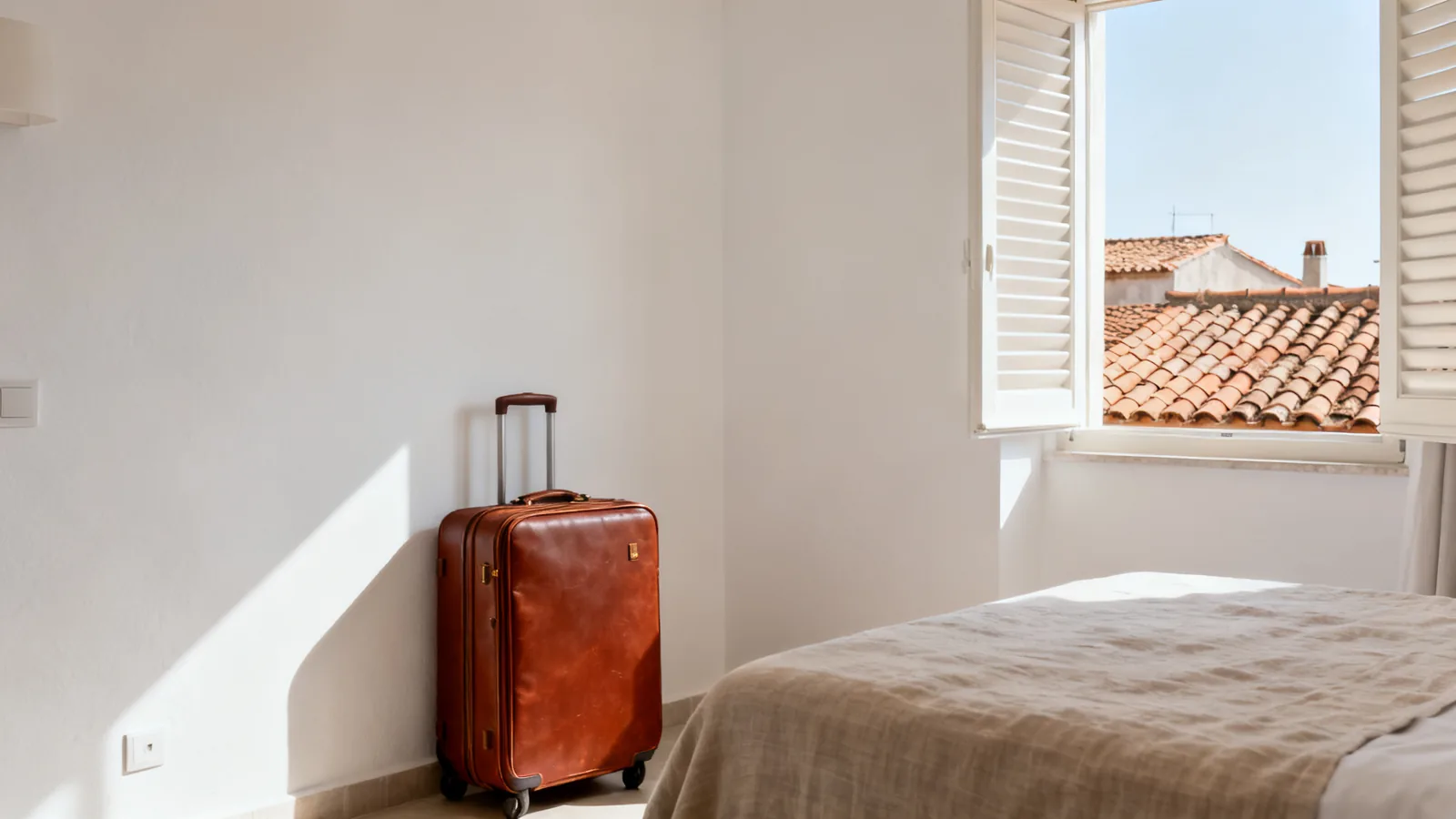 A bright coastal hotel room with a weekend bag and a small seating area