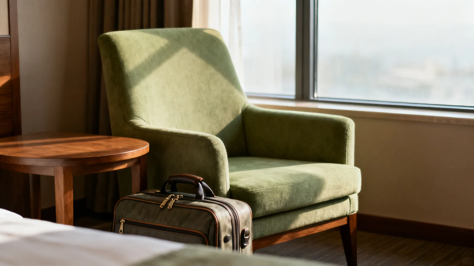 A green hotel reading chair with a travel bag and wooden table beside a window