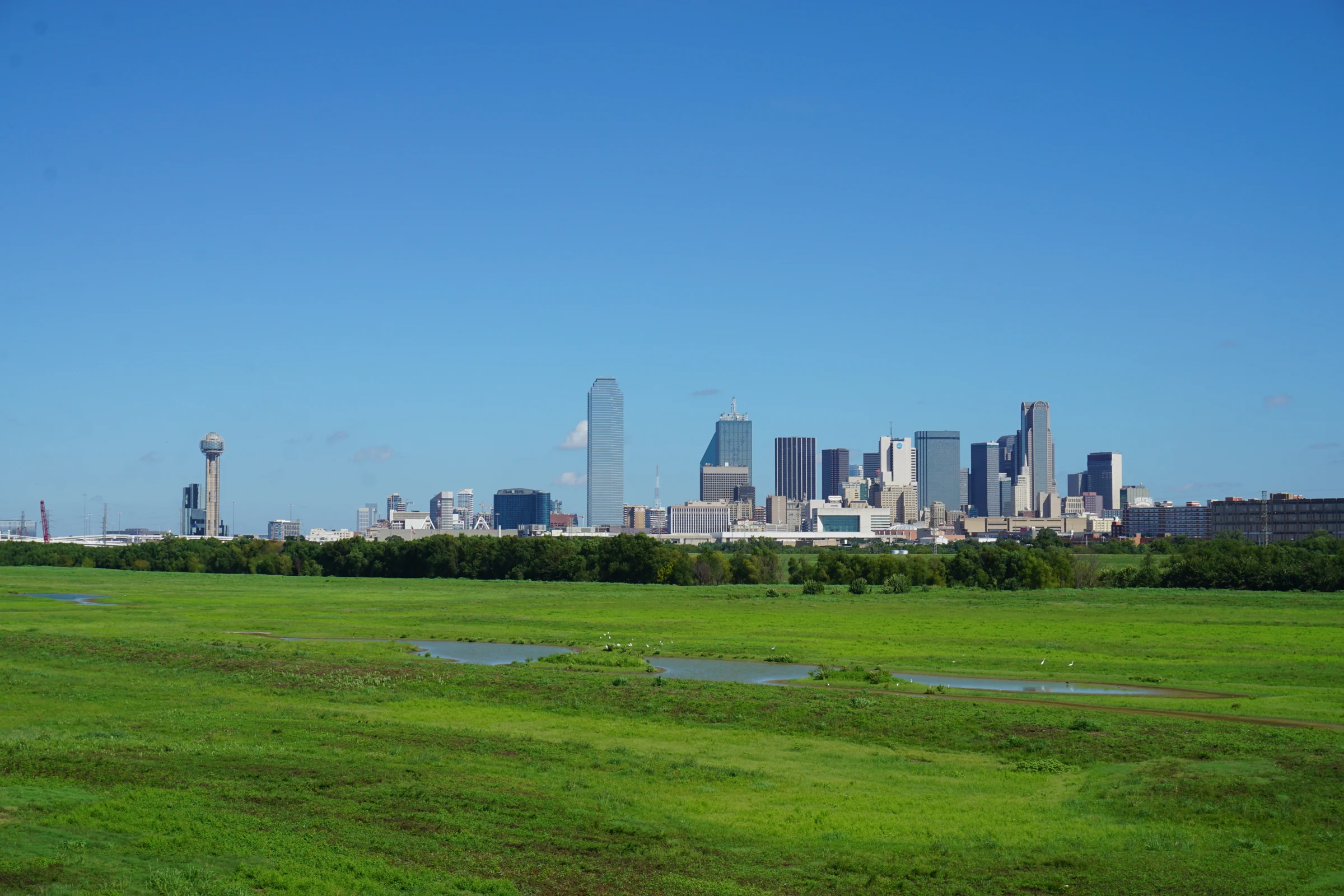 Dallas skyline beyond green open ground with small pools of water and blue sky