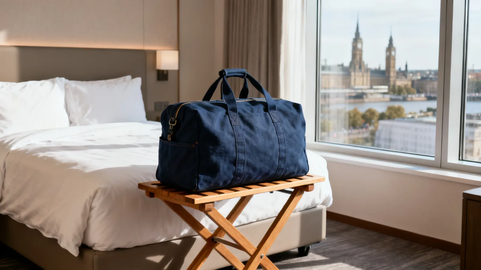 A travel bag and folded scarf beside a softly lit hotel-room desk