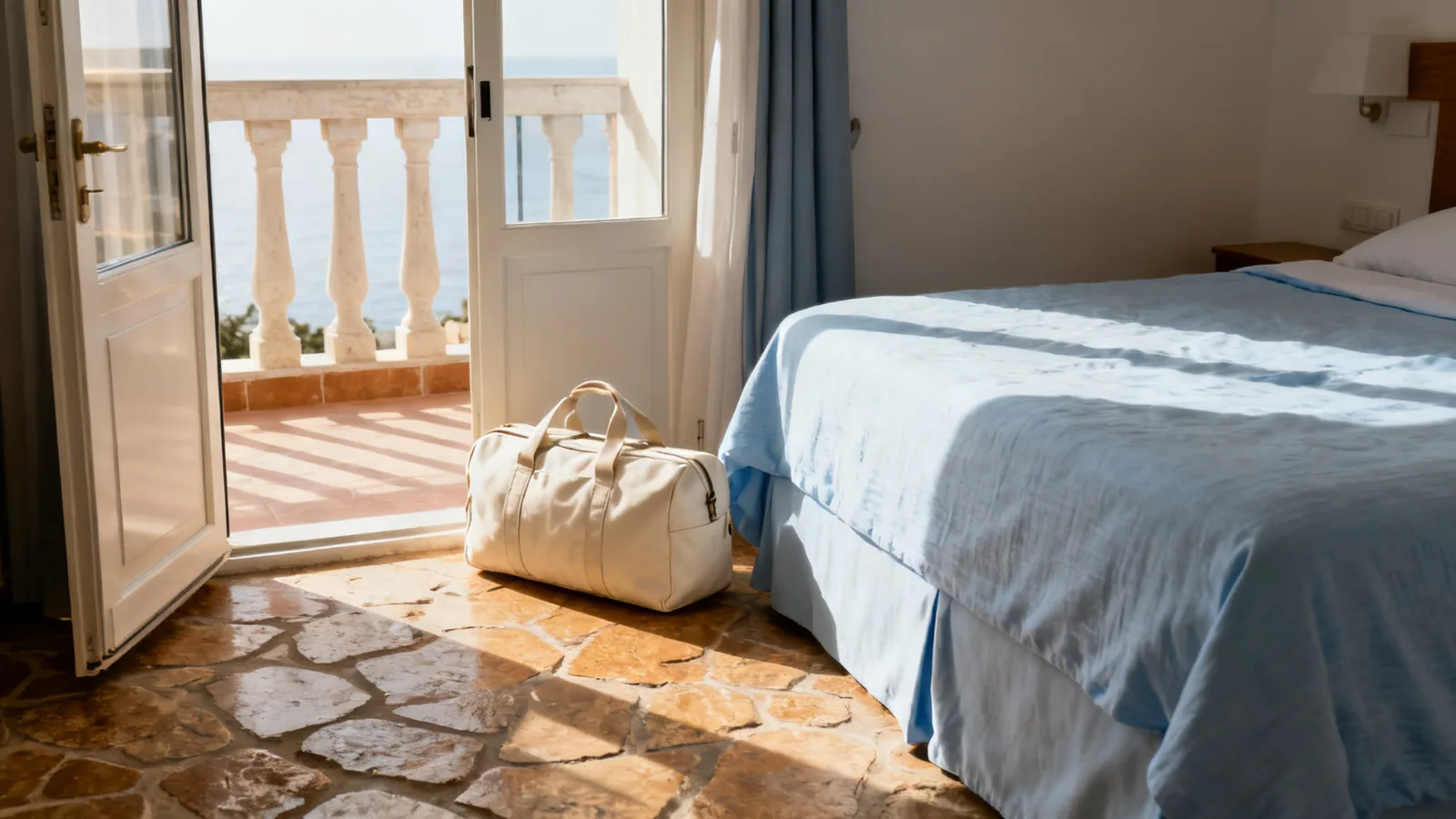 Sunlight across a simple coastal hotel room with pale walls and a small reading chair