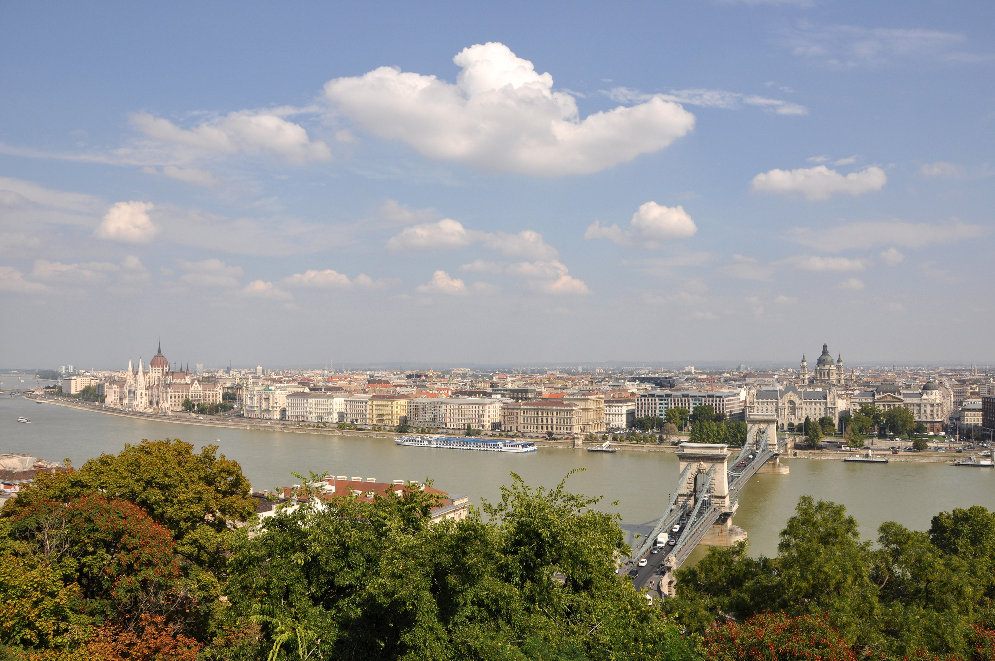 The Danube, Chain Bridge and Pest from Buda Castle Hill in Budapest