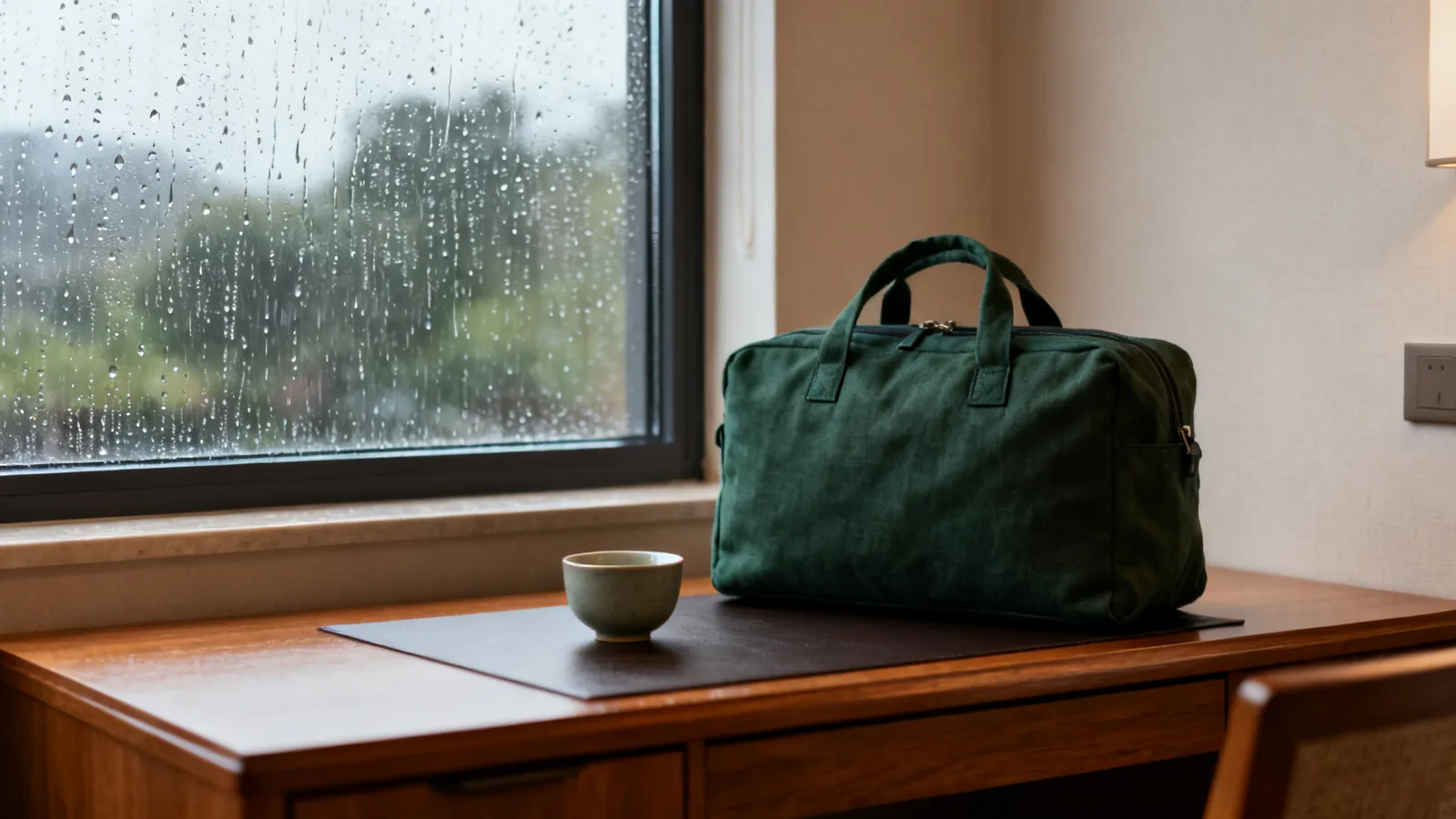 An oak hotel desk with a tea cup and dark green travel bag beside a rain-streaked window
