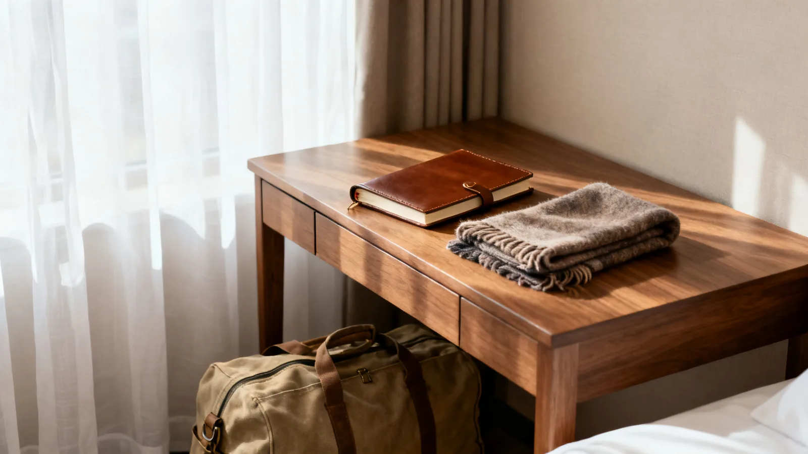 A small oak hotel desk with a closed travel journal, wool scarf and canvas overnight bag