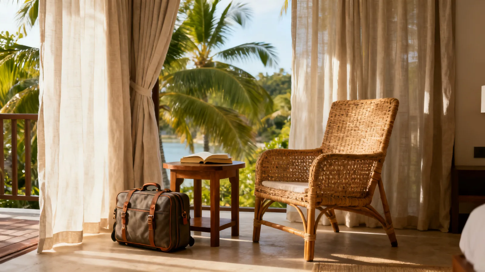A woven hotel reading chair and travel bag beside pale curtains in soft morning light