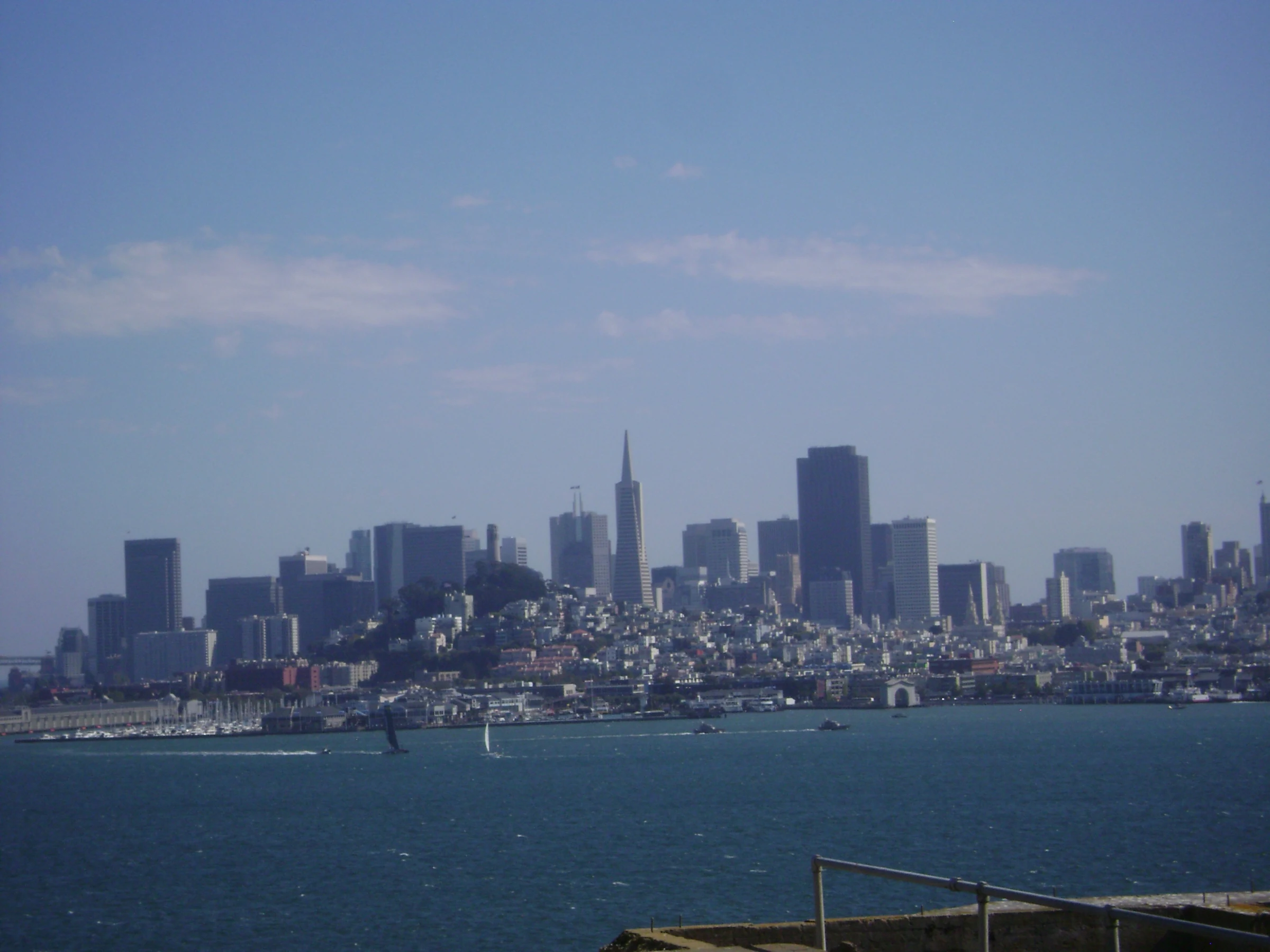 Historical San Francisco skyline across blue bay water, viewed from Alcatraz Island
