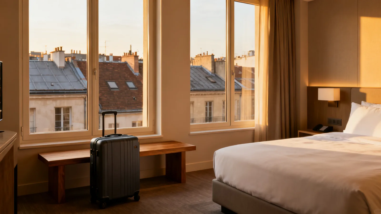 A compact suitcase beside a softly lit hotel desk and a neatly made bed