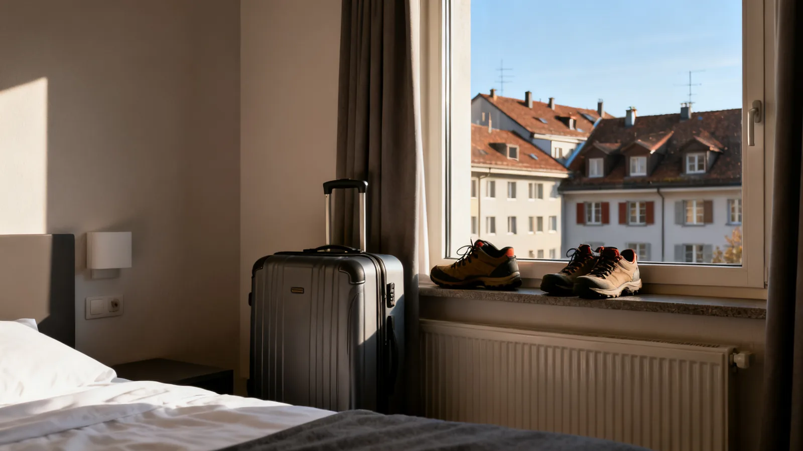 A suitcase and walking shoes beside a Swiss hotel room window