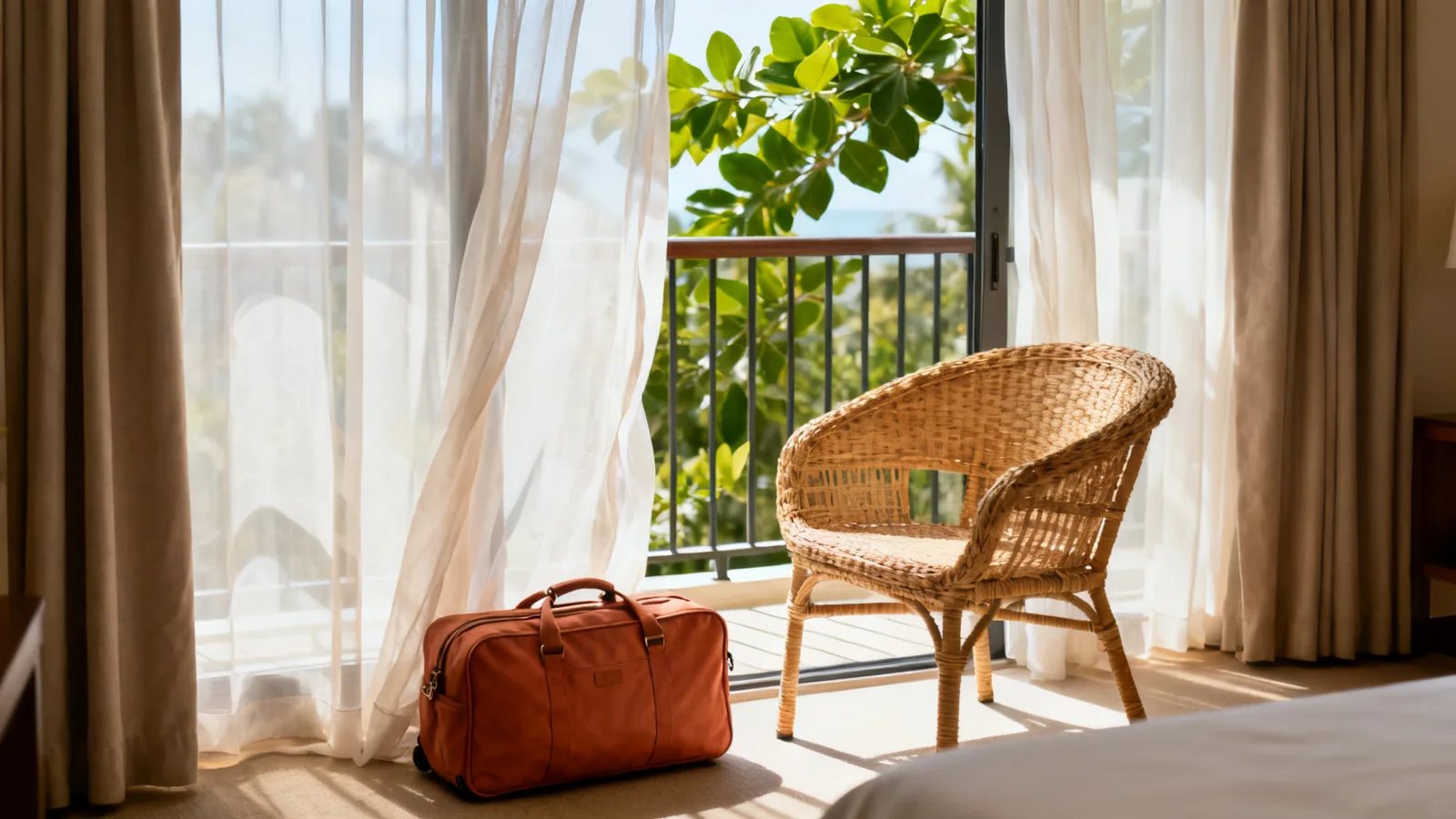 A woven travel bag beside a hotel window with warm daylight and a wooden chair