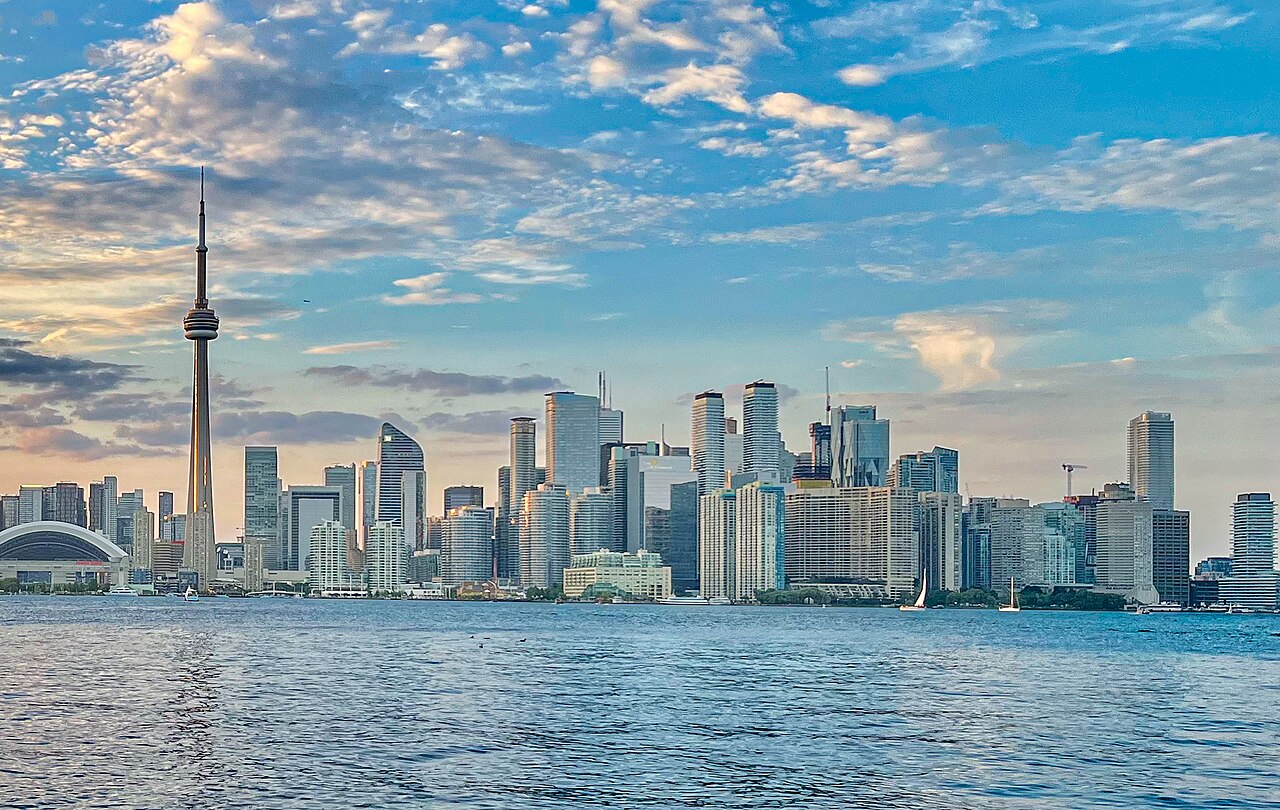 Toronto skyline and CN Tower across the water from Centre Island