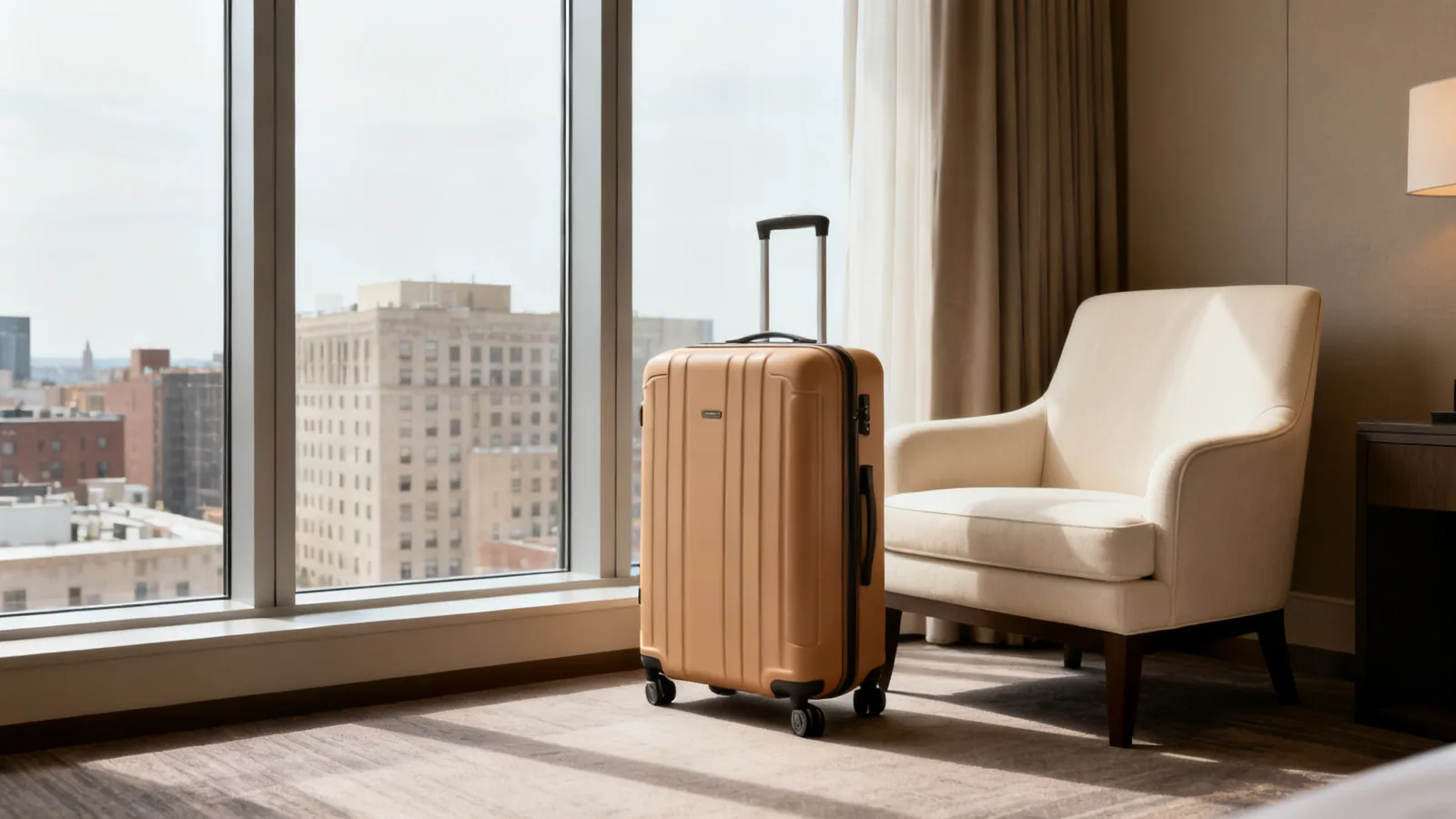 A light hotel room with a small sofa and a bag beside the window