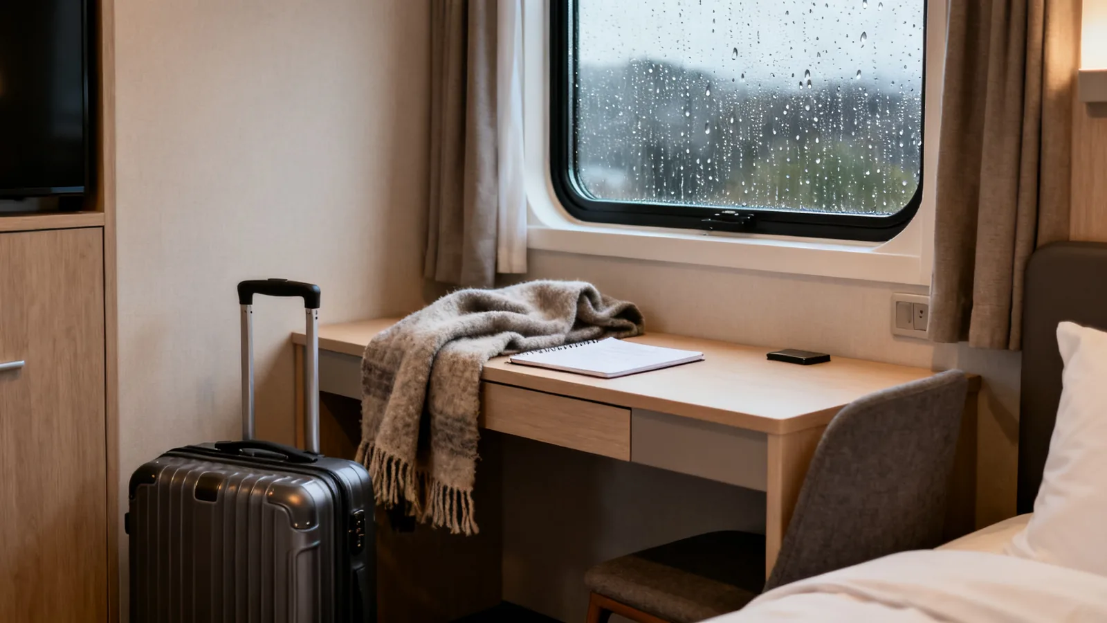 A raincoat and weekend bag beside a hotel-room window and reading chair