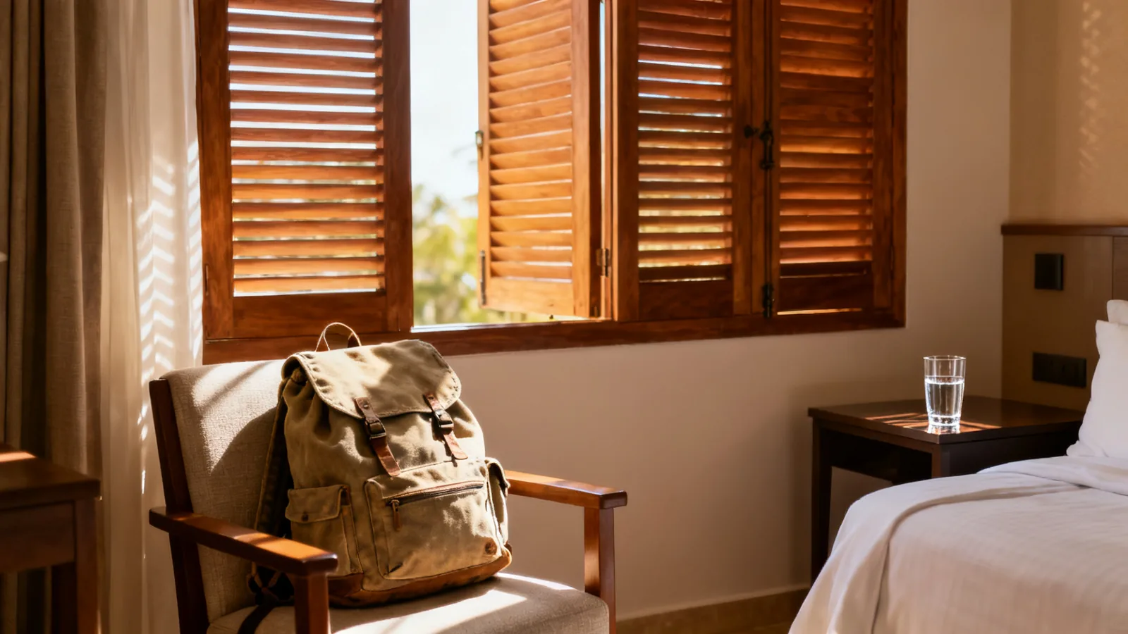 A canvas travel bag beside a sunlit hotel-room window with a wooden chair