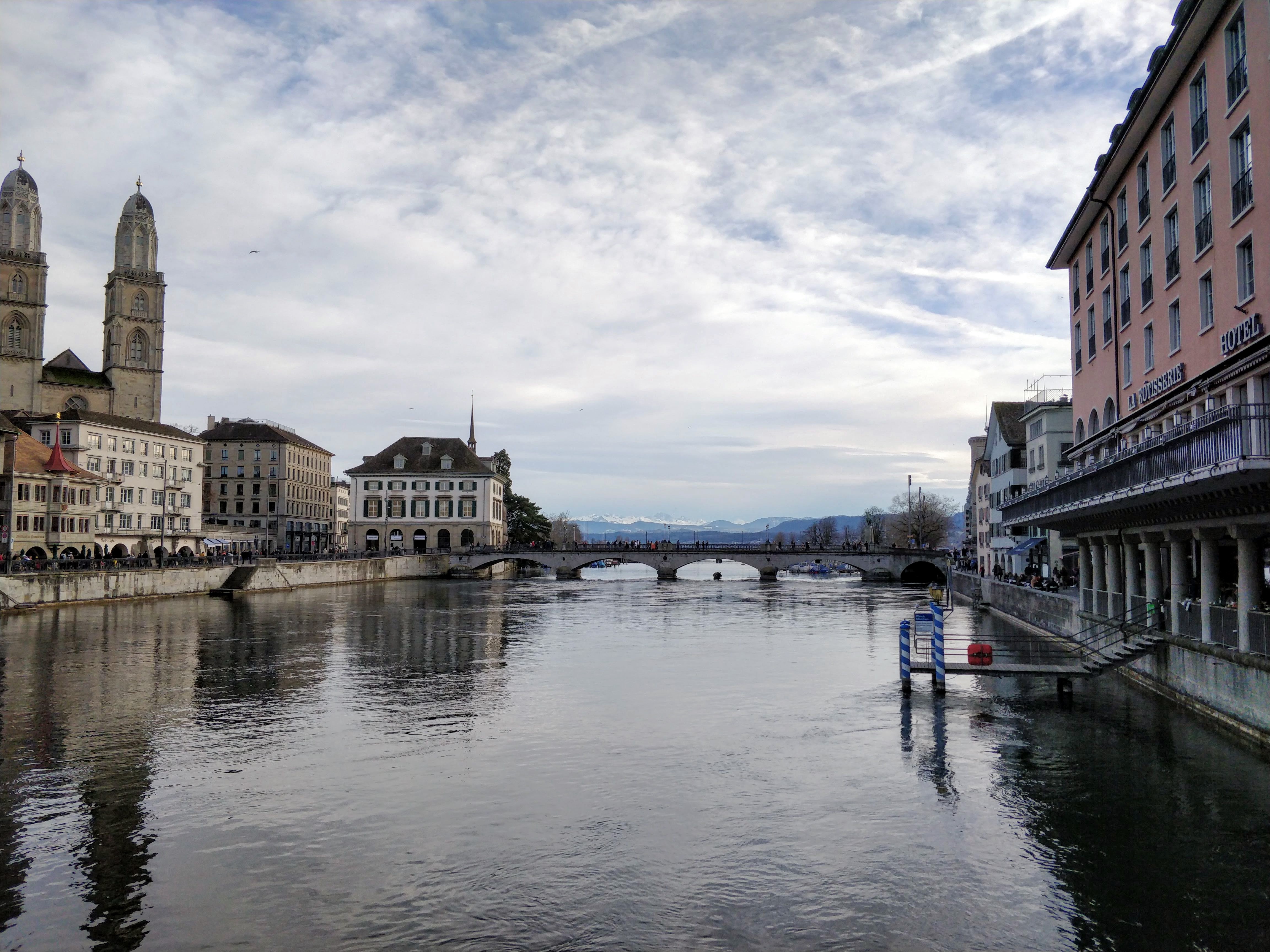 The Limmat and Zurich's Old Town with the Grossmuenster towers beyond the river